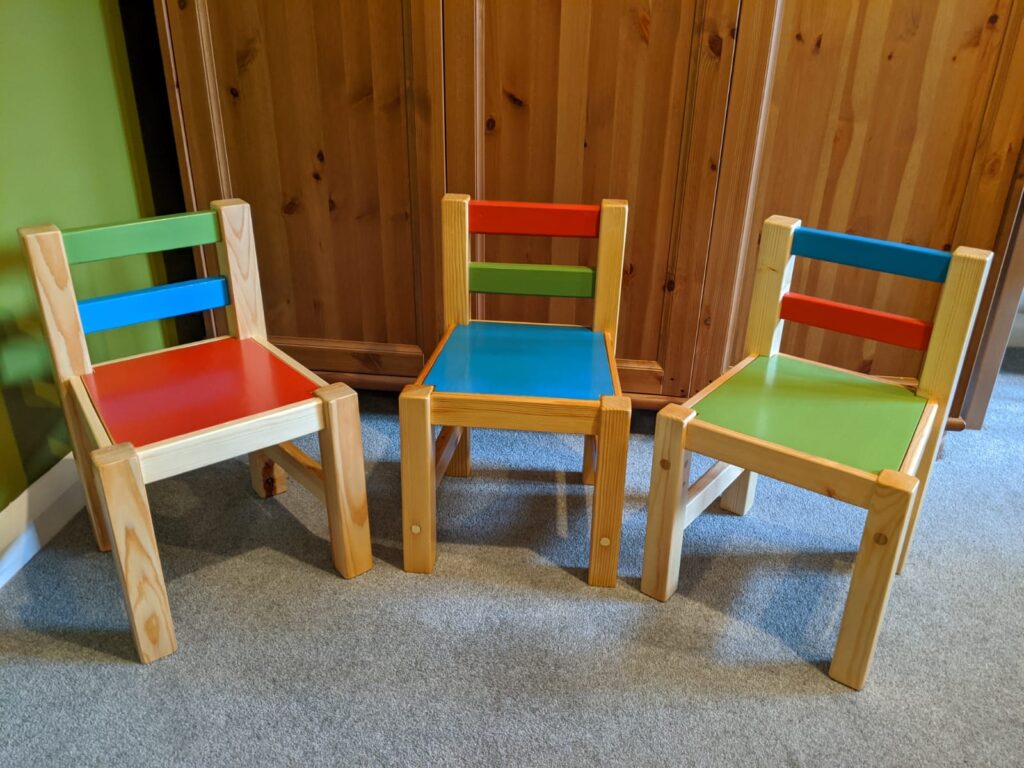 Set of three colourful kids' chairs